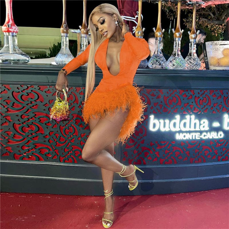 Wholesale New Design Women Casual  Mini Dresses Long Sleeve Fur Feather Bodycon Dress Elegant Sexy Evening Club Dress