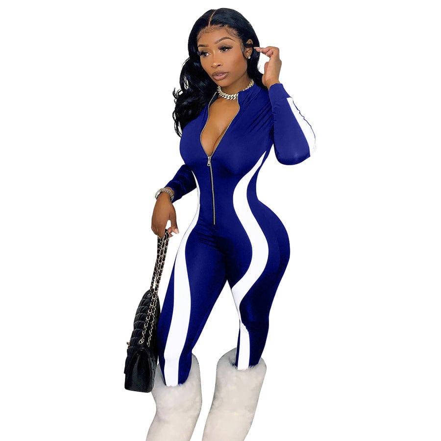 Wholesale New Style Printed Color Matching Irregular Zipper Stripe Casual Womens Fashion Jumpsuit