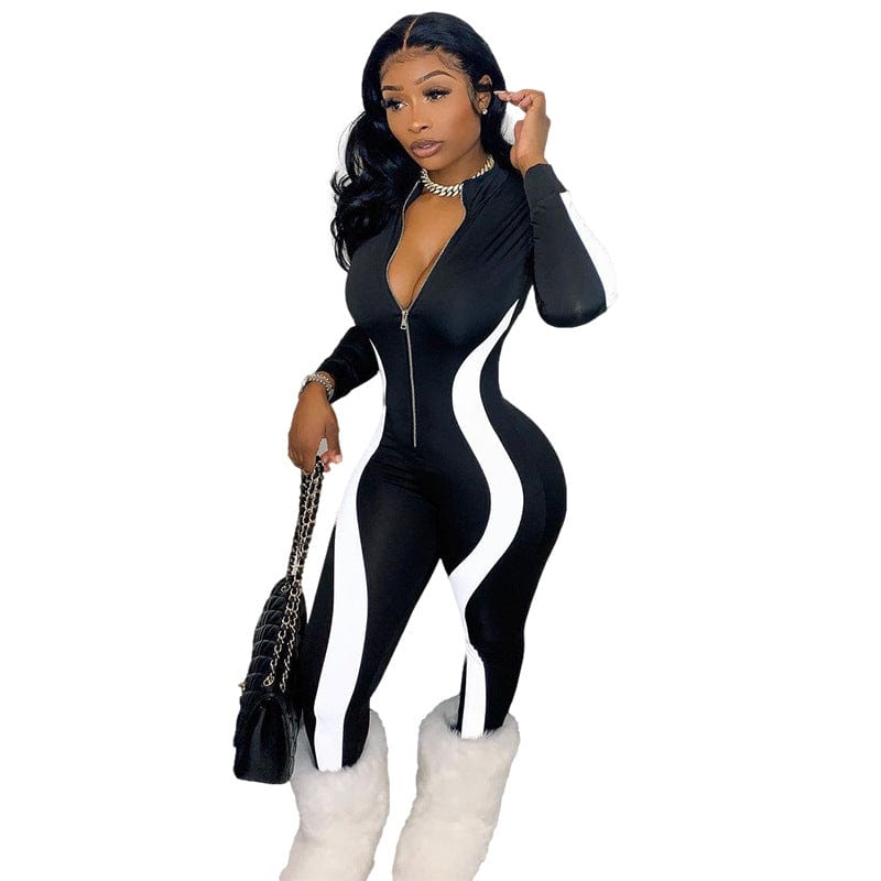 Wholesale New Style Printed Color Matching Irregular Zipper Stripe Casual Womens Fashion Jumpsuit