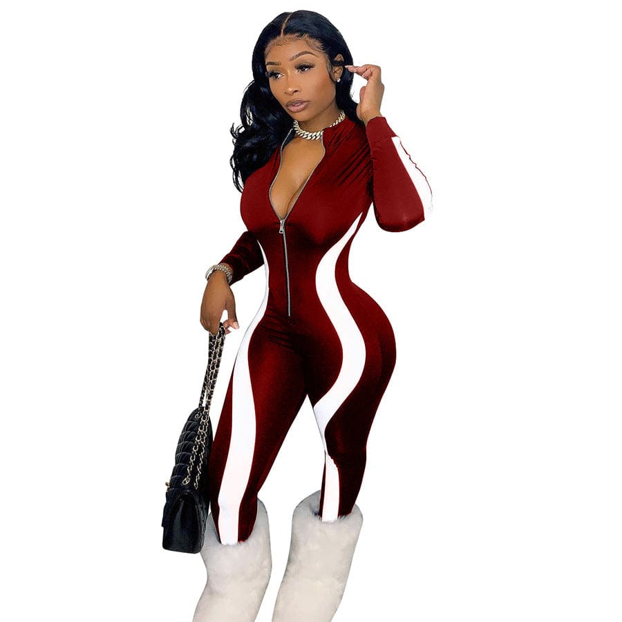 Wholesale New Style Printed Color Matching Irregular Zipper Stripe Casual Womens Fashion Jumpsuit
