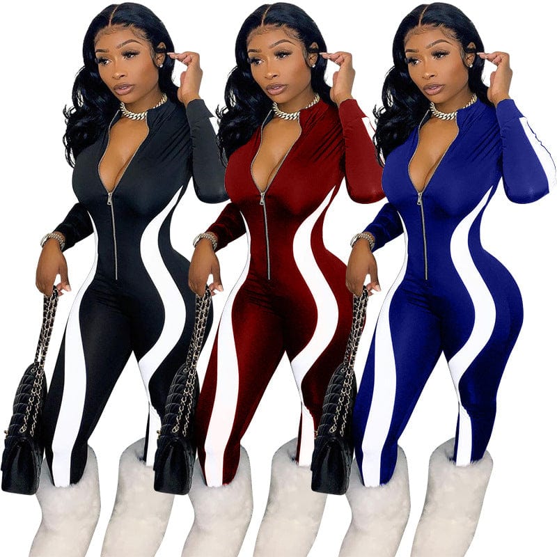 Wholesale New Style Printed Color Matching Irregular Zipper Stripe Casual Womens Fashion Jumpsuit