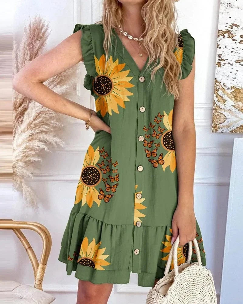 Wholesale New Women's V-neck Button Fly Sleeve Loose Print Dress Summer Casual Holiday Dress