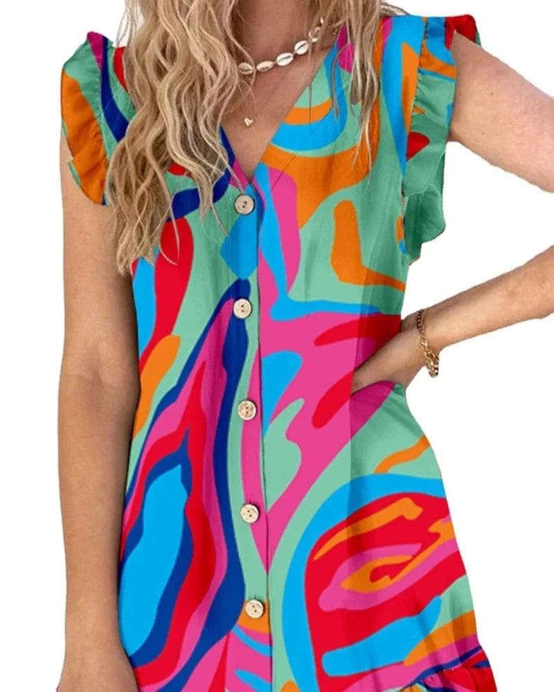 Wholesale New Women's V-neck Button Fly Sleeve Loose Print Dress Summer Casual Holiday Dress