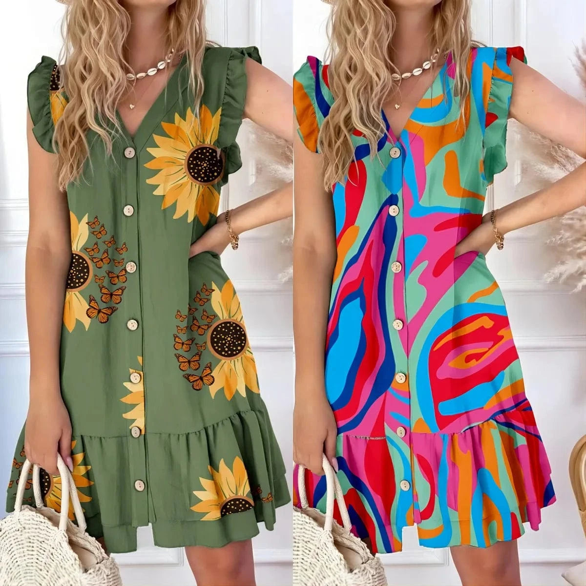 Wholesale New Women's V-neck Button Fly Sleeve Loose Print Dress Summer Casual Holiday Dress