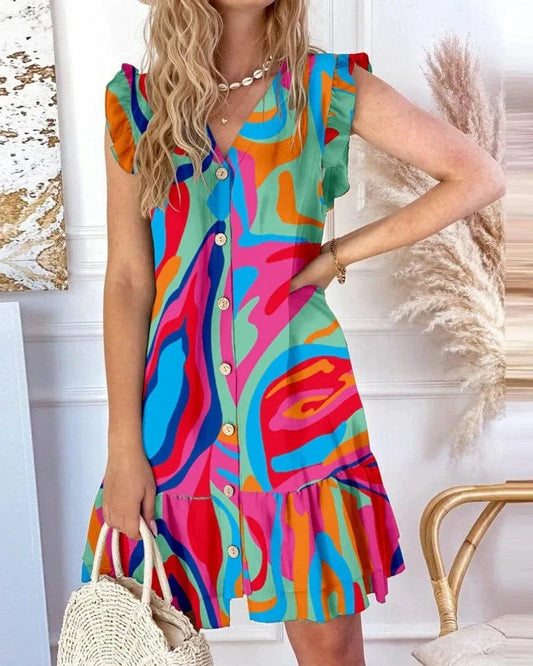Wholesale New Women's V-neck Button Fly Sleeve Loose Print Dress Summer Casual Holiday Dress