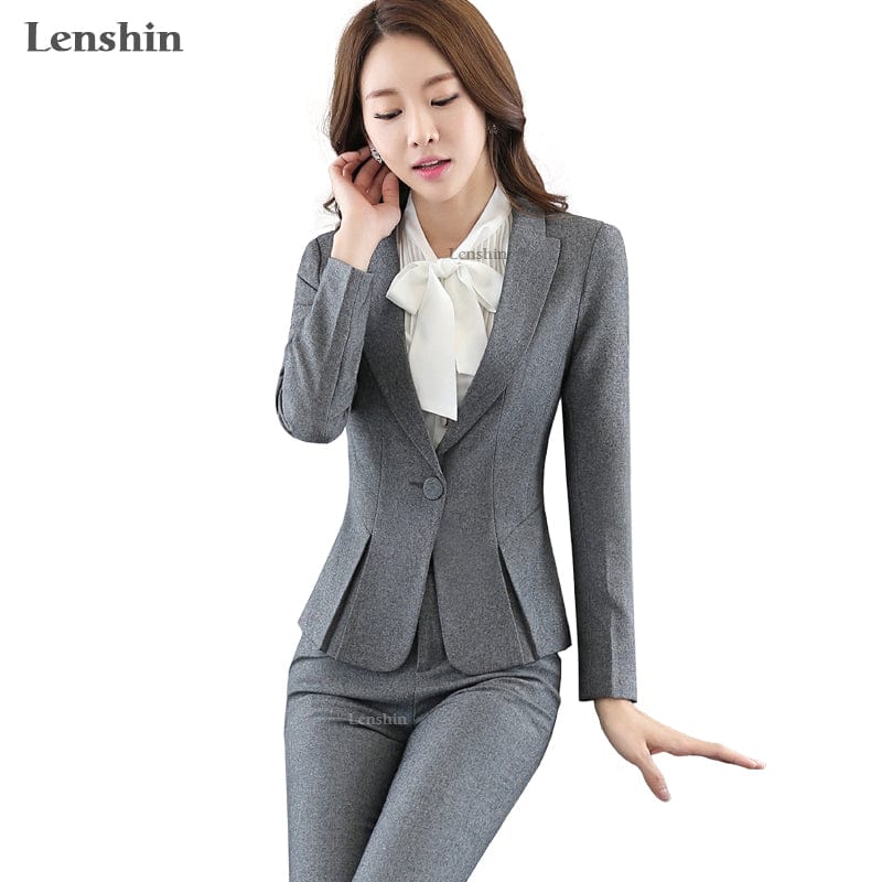 Wholesale OEM 2 Pieces Set Women Business Suits Formal Office Lady Uniform Design Gray pant Suit Women Work Wear Blazer Trouser