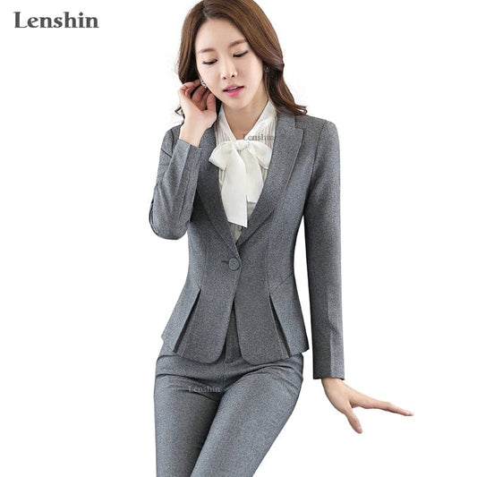 Wholesale OEM 2 Pieces Set Women Business Suits Formal Office Lady Uniform Design Gray pant Suit Women Work Wear Blazer Trouser