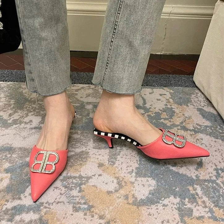 Wholesale price stiletto high heels slippers ANMAIRON low heel pointy diamond heeled sandals sexy womens slippers