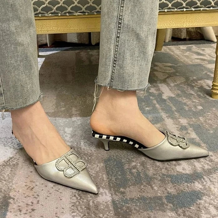 Wholesale price stiletto high heels slippers ANMAIRON low heel pointy diamond heeled sandals sexy womens slippers