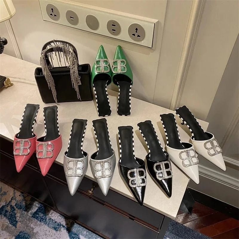 Wholesale price stiletto high heels slippers ANMAIRON low heel pointy diamond heeled sandals sexy womens slippers