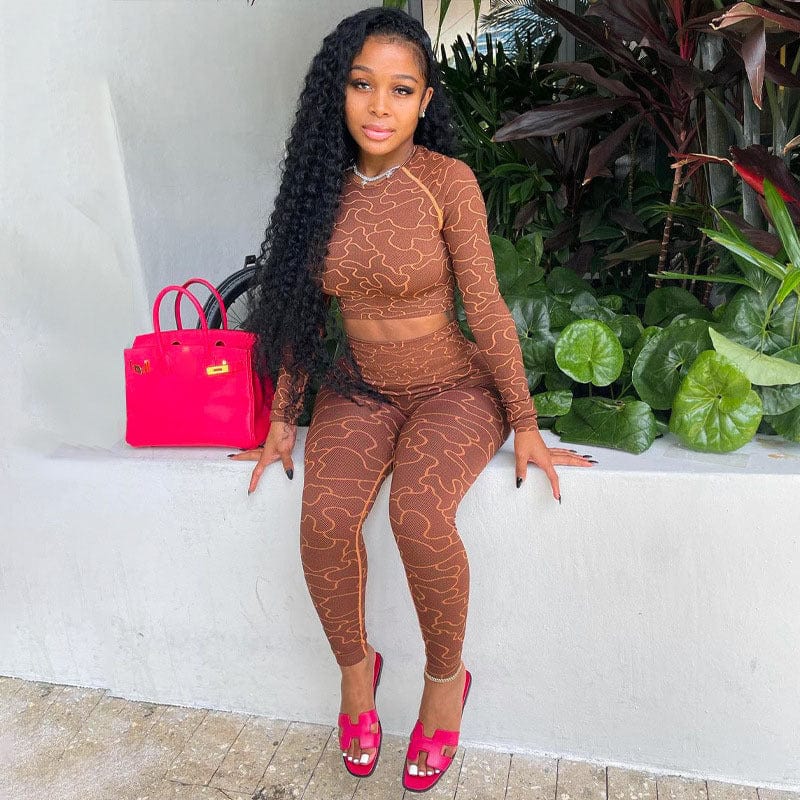 Wholesale Printed Fall Round Neck Long Sleeve Yoga Sports Crop Top Brown Two Piece Sets Women Clothing