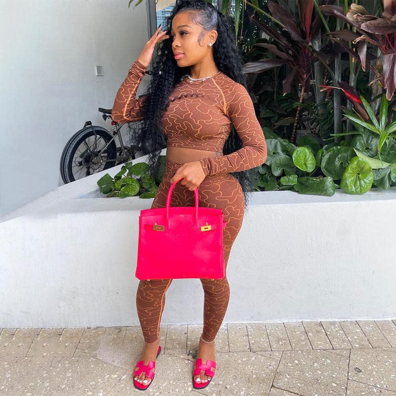 Wholesale Printed Fall Round Neck Long Sleeve Yoga Sports Crop Top Brown Two Piece Sets Women Clothing