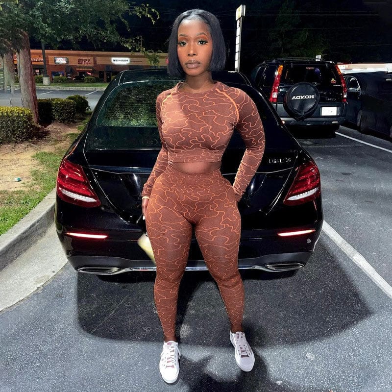Wholesale Printed Fall Round Neck Long Sleeve Yoga Sports Crop Top Brown Two Piece Sets Women Clothing