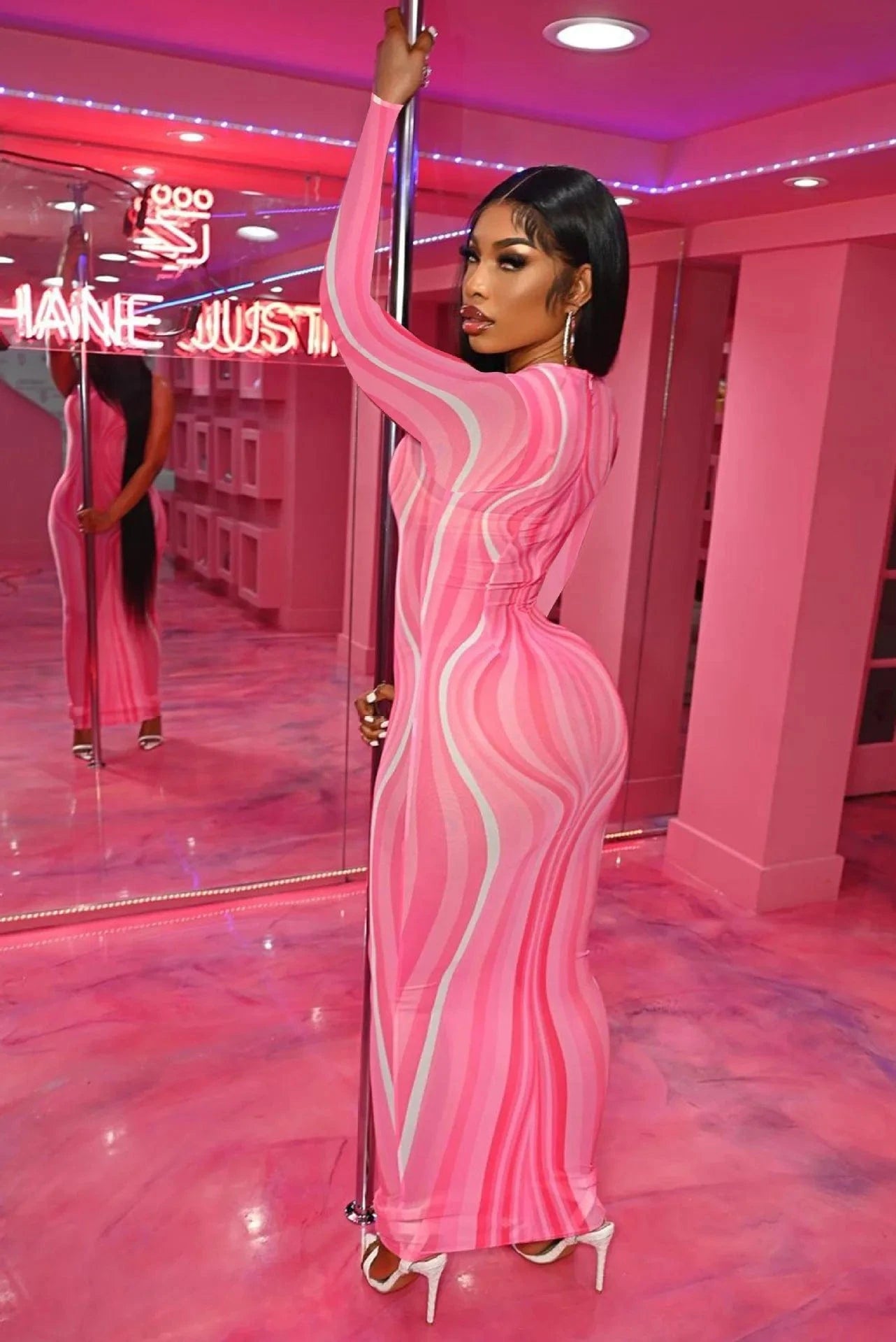 Wholesale Printed Women Dress Maxi Clothes Sheer Dress Long Sleeves Bodycon Stretch Mesh Dress Sexy Transparent