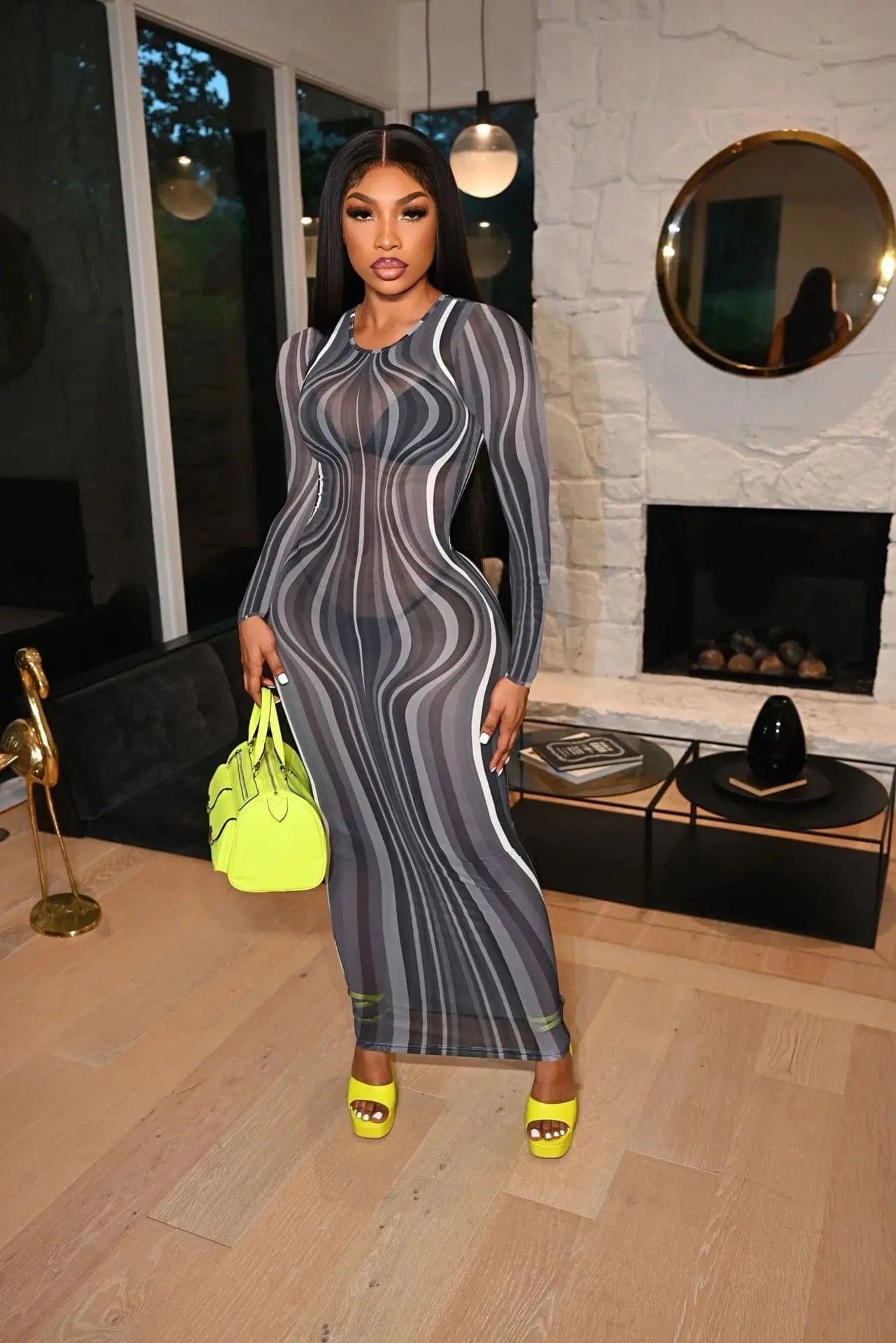 Wholesale Printed Women Dress Maxi Clothes Sheer Dress Long Sleeves Bodycon Stretch Mesh Dress Sexy Transparent