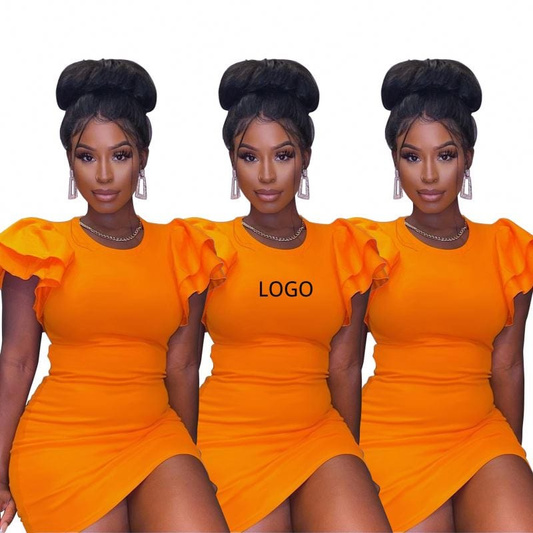 Wholesale Products Round Neck Ruffle Sleeve Bodycon Dress Solid Color High Waist Ladies Summer Short Casual Dresses