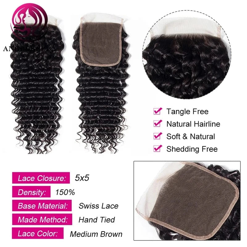 Wholesale Raw Indian Hair 5x5 Lace Closure Human Hair Closure Deep Wave Closure