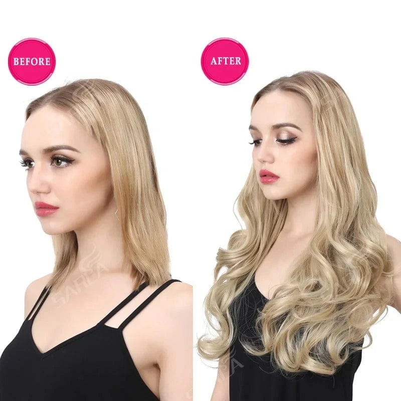 Wholesale SARLA 22'' Long Invisible Cheap Shaped Blonde U Part Synthetic Wigs Natural Hair Extensions Clip in Half Wig Curly