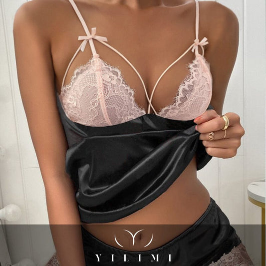 Wholesale satin patchwork elegant lace V-neck sleeveless designers sexy pajamas sets for women