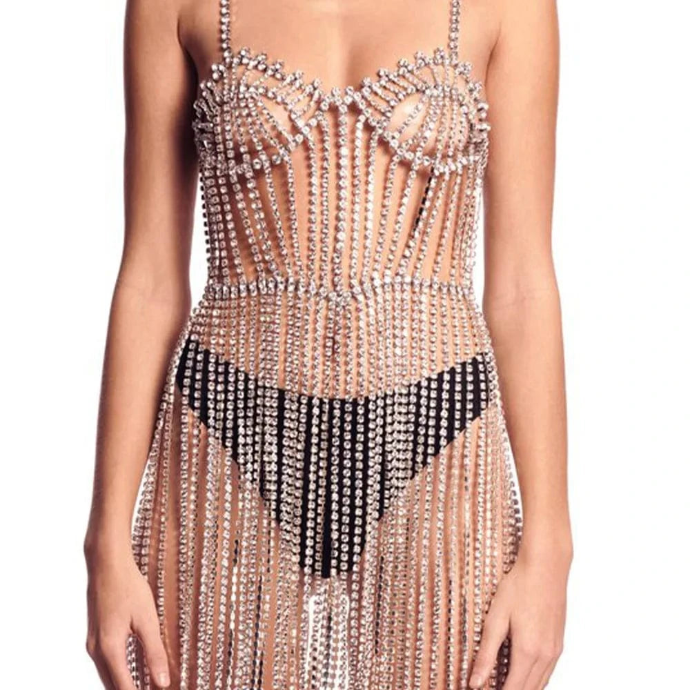 Wholesale Shining Sexy Rhinestone Body Chain Harness Lingerie Bikini Dress Jewelry Women Bling Crystal Long Tassel Body Chain