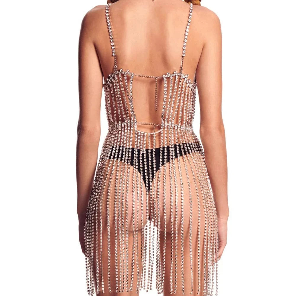 Wholesale Shining Sexy Rhinestone Body Chain Harness Lingerie Bikini Dress Jewelry Women Bling Crystal Long Tassel Body Chain
