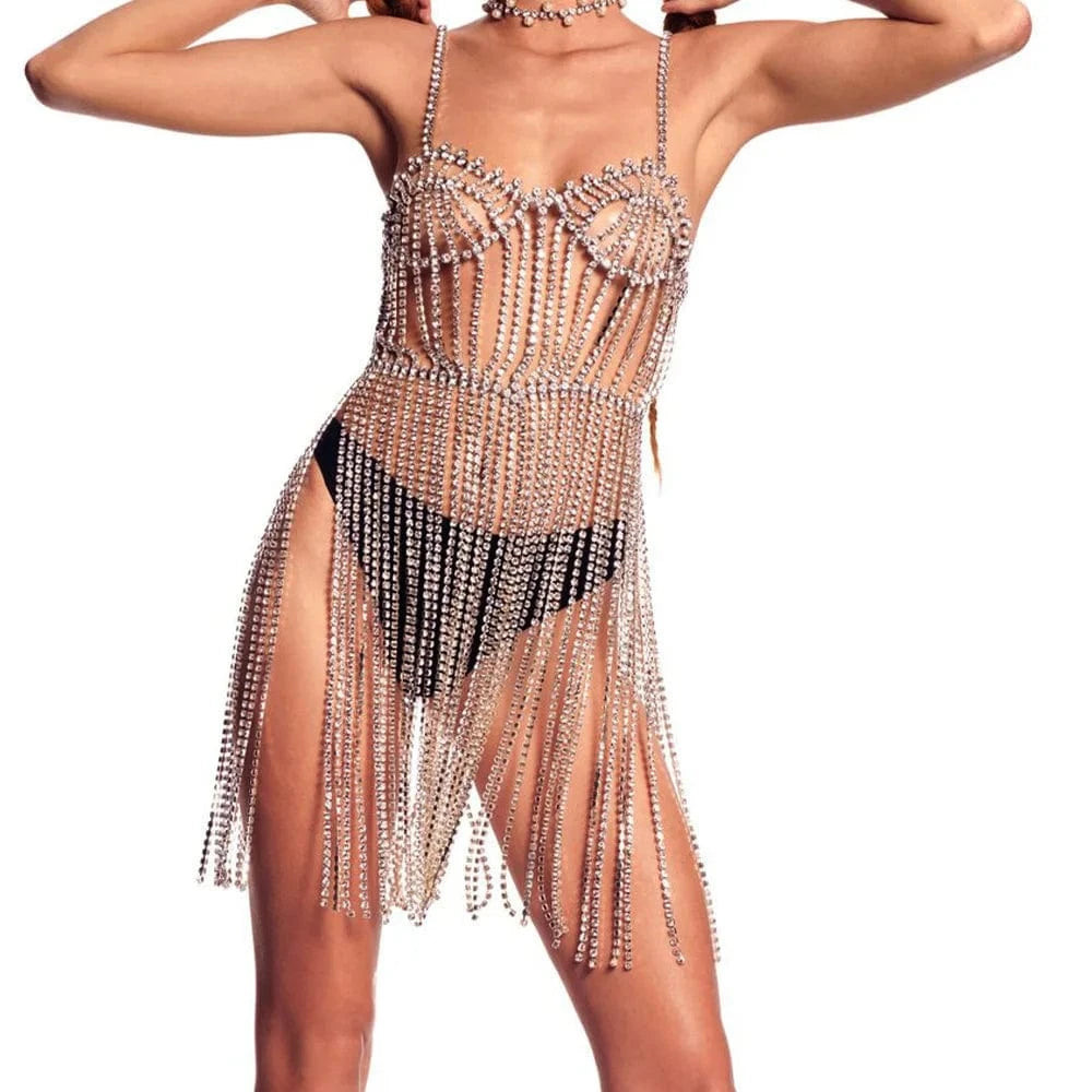 Wholesale Shining Sexy Rhinestone Body Chain Harness Lingerie Bikini Dress Jewelry Women Bling Crystal Long Tassel Body Chain
