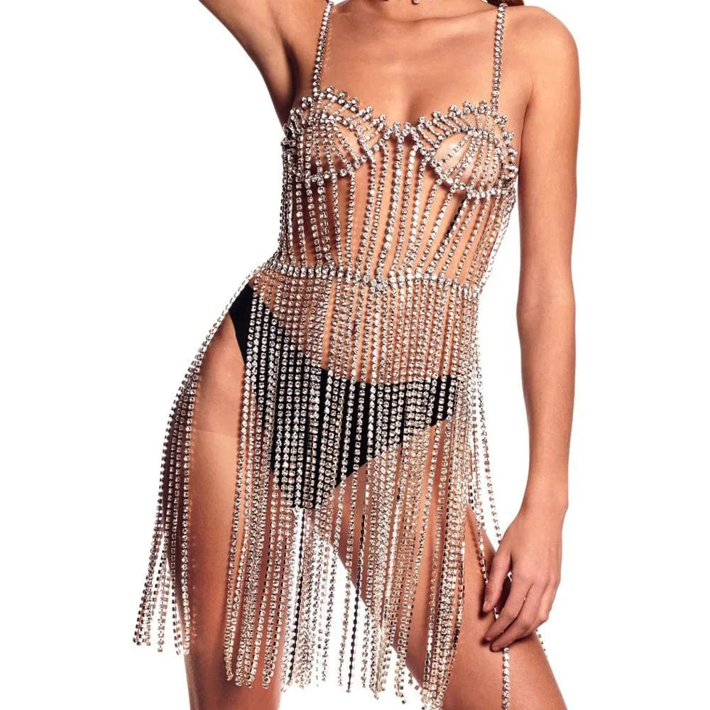 Wholesale Shining Sexy Rhinestone Body Chain Harness Lingerie Bikini Dress Jewelry Women Bling Crystal Long Tassel Body Chain