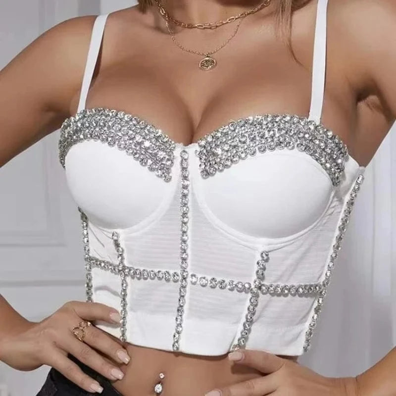 Wholesale sliver sexy white rhinestone beaded bustier women, tank top transparent fat women sexy corset bustier