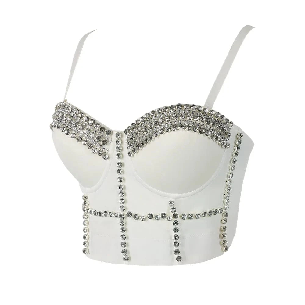 Wholesale sliver sexy white rhinestone beaded bustier women, tank top transparent fat women sexy corset bustier
