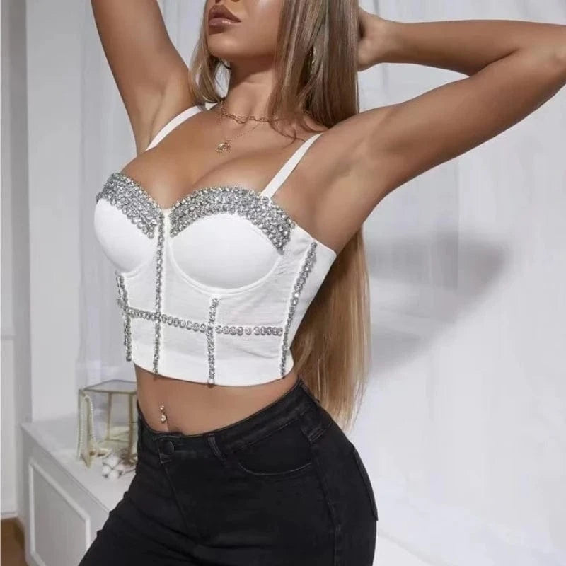 Wholesale sliver sexy white rhinestone beaded bustier women, tank top transparent fat women sexy corset bustier