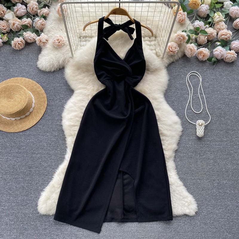 Wholesale Solid Color Women Elegant  Party Nightclub Dresses Vendor Sleeveless Halter Sexy Slit Prom Dress