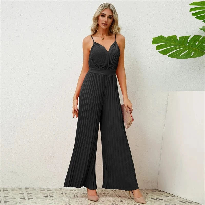 wholesale spring summer 2024 ladies female women solid sleeveless one piece pleated full romper bodysuit jumpsuit for women