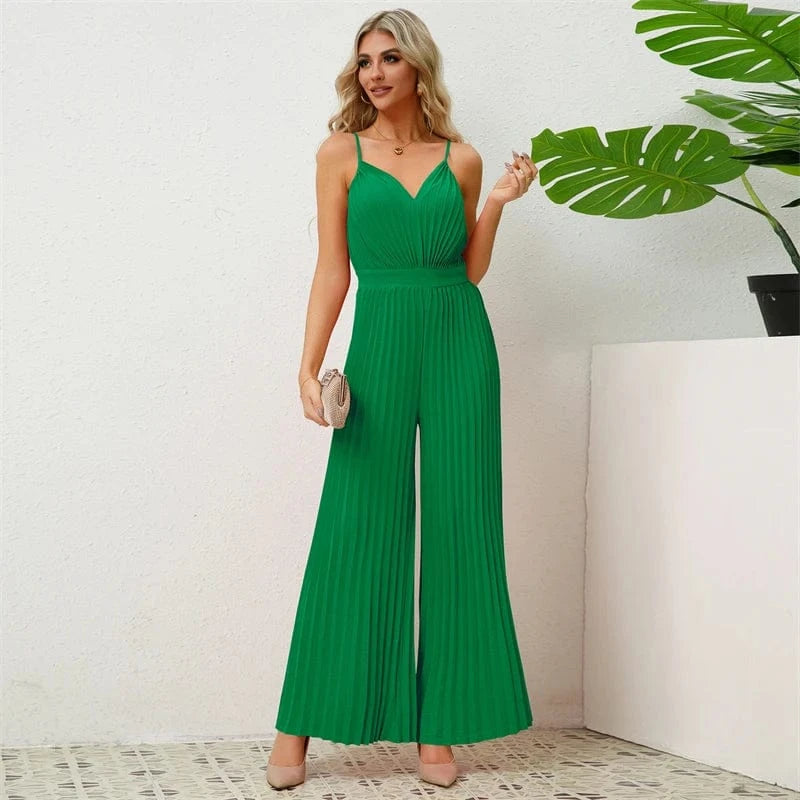 wholesale spring summer 2024 ladies female women solid sleeveless one piece pleated full romper bodysuit jumpsuit for women