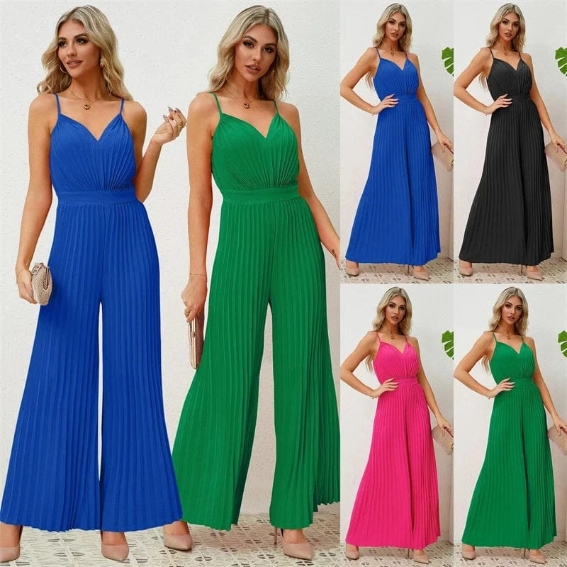 wholesale spring summer 2024 ladies female women solid sleeveless one piece pleated full romper bodysuit jumpsuit for women