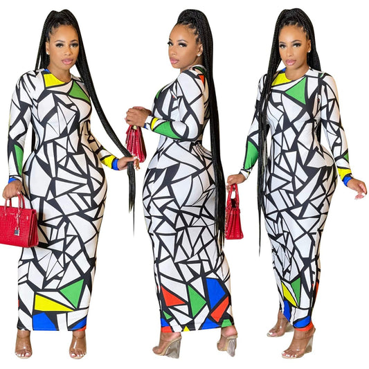Wholesale Spring Summer Long Fashion Casual Round Neck Long Sleeve Position Print Maxi Dress