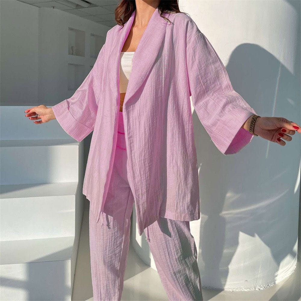 Wholesale summer Elegant cotton sets women Casual Loose Fit Comfy Pants Turndown Collar 2 Piece Set Women New Arrivals 2023