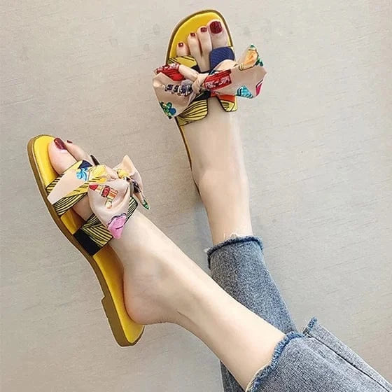 wholesale Summer Popular Women Slide sandal with Bow Decoration Ladies Slipper Printed Flat Slides for girl