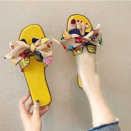 wholesale Summer Popular Women Slide sandal with Bow Decoration Ladies Slipper Printed Flat Slides for girl
