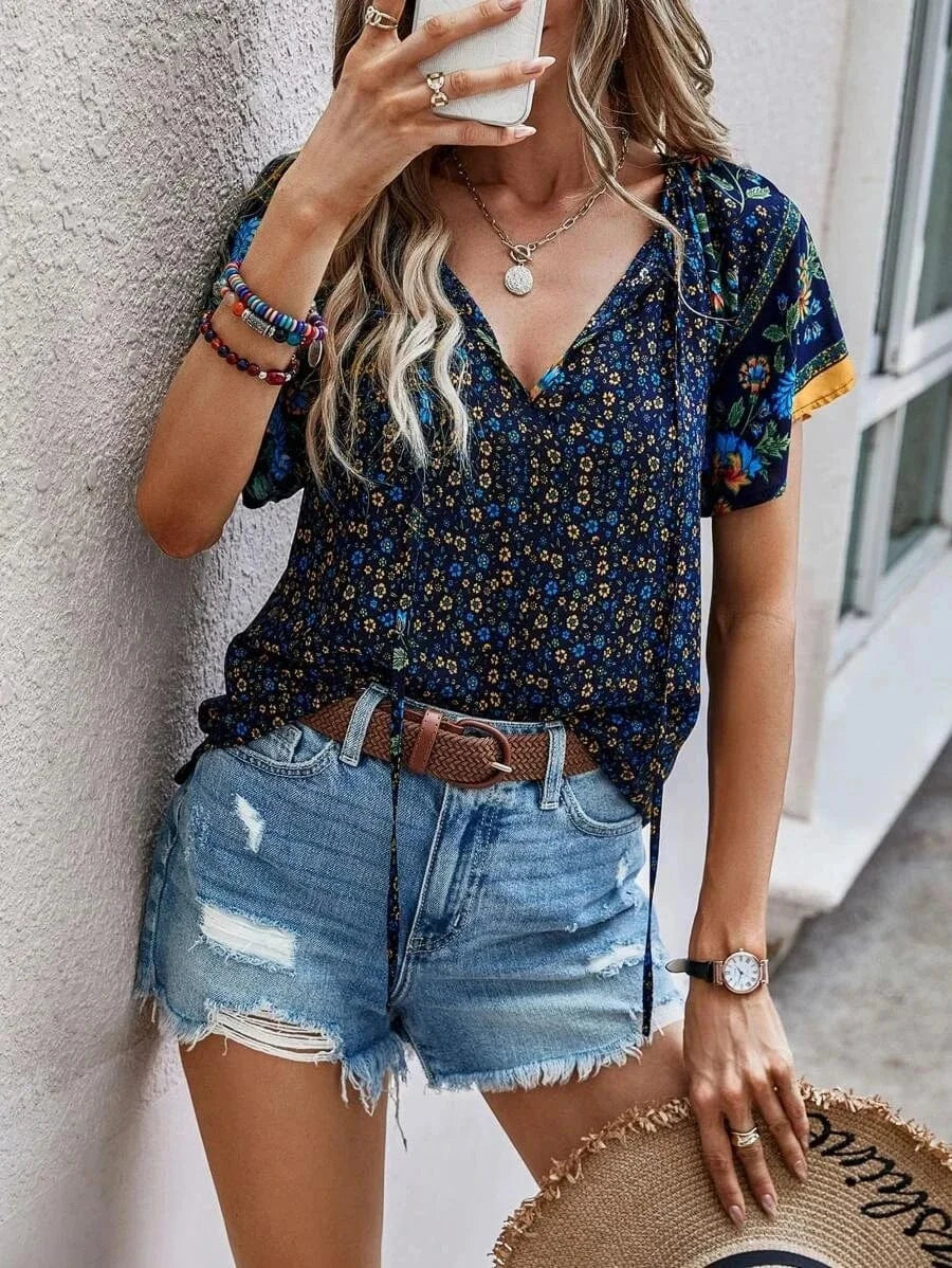 Wholesale Summer Vintage Outfits Petal Sleeve  Print Woman Tops Fashionable Elegant Blouses  Womens T-Shirt