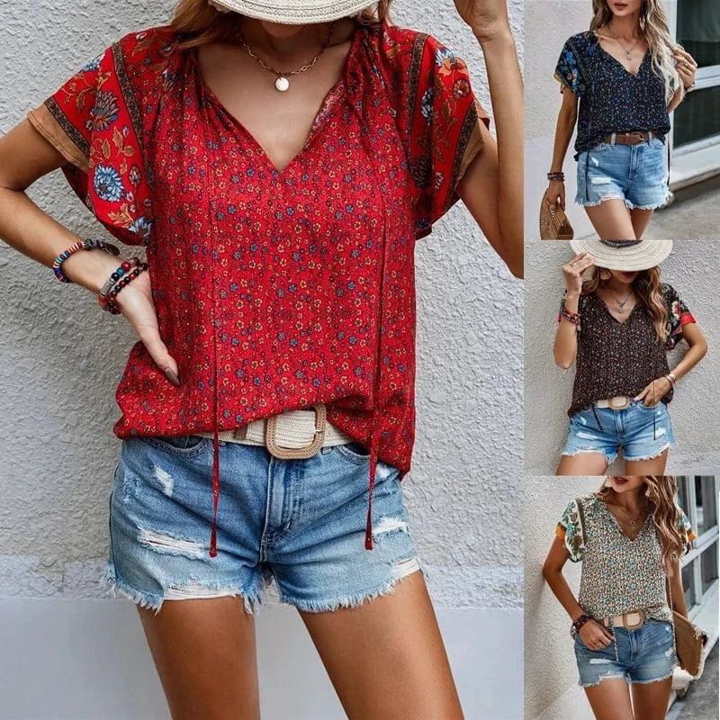 Wholesale Summer Vintage Outfits Petal Sleeve  Print Woman Tops Fashionable Elegant Blouses  Womens T-Shirt