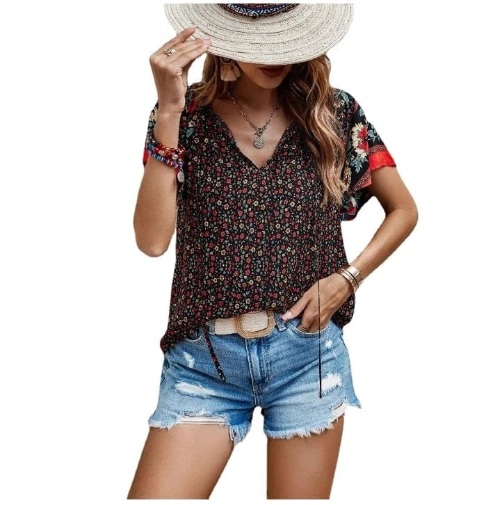 Wholesale Summer Vintage Outfits Petal Sleeve  Print Woman Tops Fashionable Elegant Blouses  Womens T-Shirt