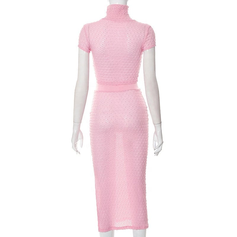 Wholesale trendy ladies sexy high neck short sleeve crop top and midi skirt set for women outfits two piece set clothing