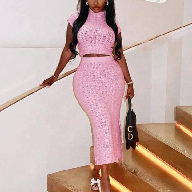 Wholesale trendy ladies sexy high neck short sleeve crop top and midi skirt set for women outfits two piece set clothing