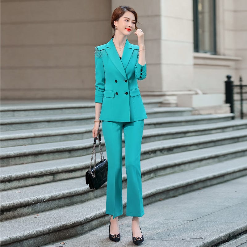 Wholesale White 2 Piece OEM Tassel Suit Set for Women Business Office Lady Work Wear Solid Double Breasted  Flare Pant Suits