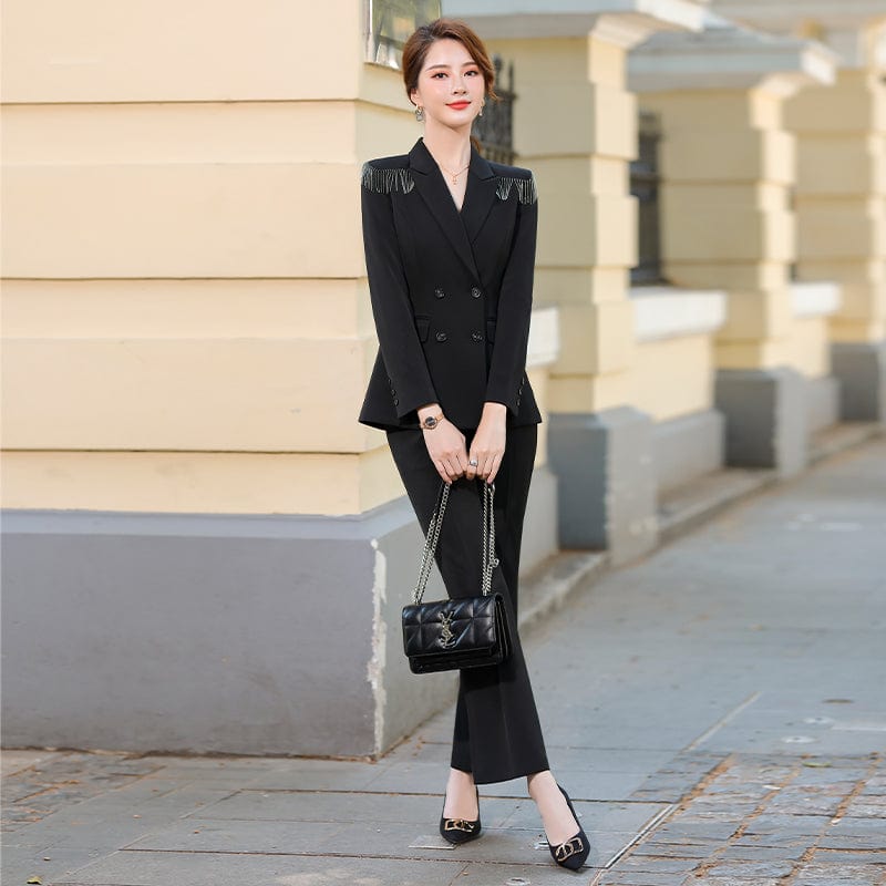 Wholesale White 2 Piece OEM Tassel Suit Set for Women Business Office Lady Work Wear Solid Double Breasted  Flare Pant Suits