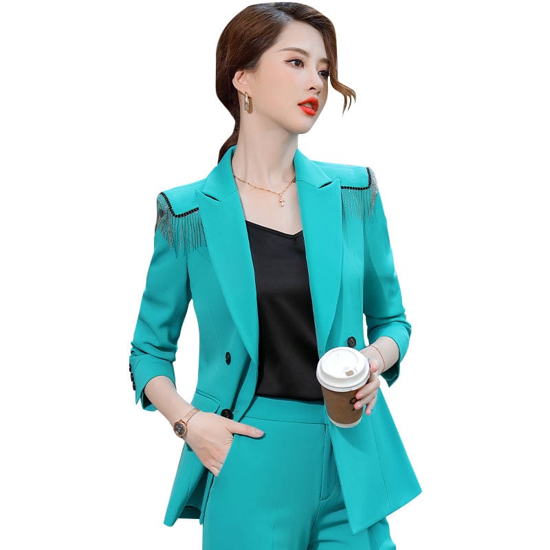 Wholesale White 2 Piece OEM Tassel Suit Set for Women Business Office Lady Work Wear Solid Double Breasted  Flare Pant Suits