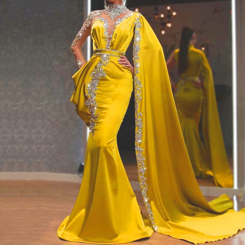 Wholesale Women Evening Dress Yellow Sprinkled Gold Sequin Dress Long  Women Elegant Prom Dress