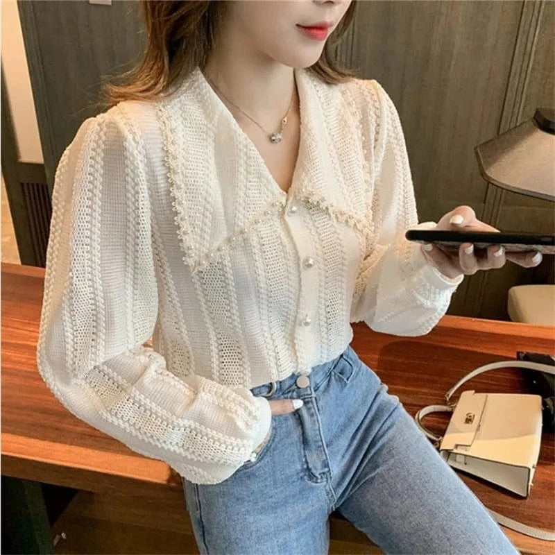 Wholesale Women Girls Sweet Lace Knit Hollow Out Shirt Doll Collar Solid Color Shirts Tops Fashionable Casual Shirt