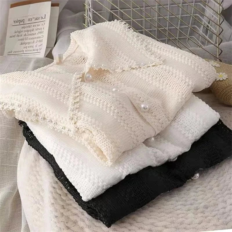 Wholesale Women Girls Sweet Lace Knit Hollow Out Shirt Doll Collar Solid Color Shirts Tops Fashionable Casual Shirt