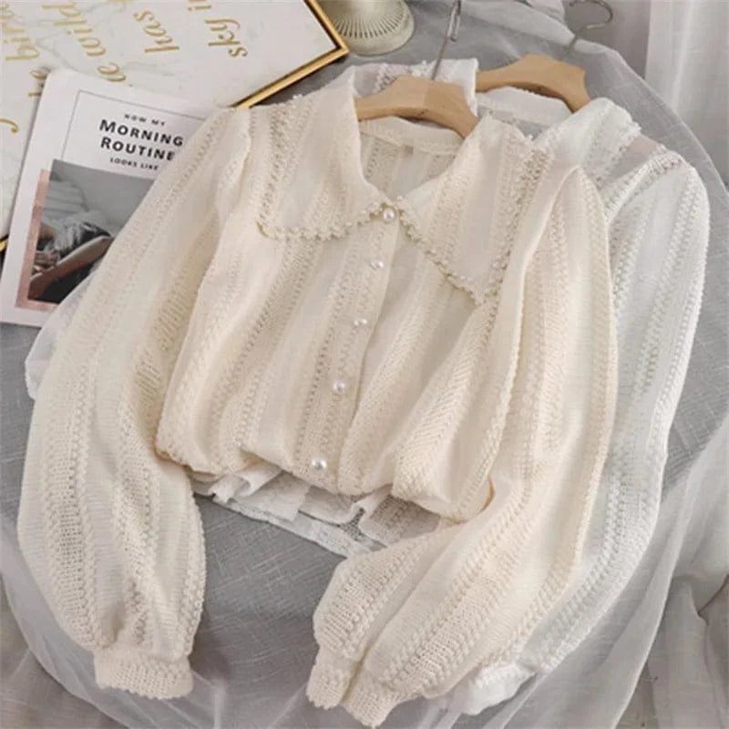 Wholesale Women Girls Sweet Lace Knit Hollow Out Shirt Doll Collar Solid Color Shirts Tops Fashionable Casual Shirt